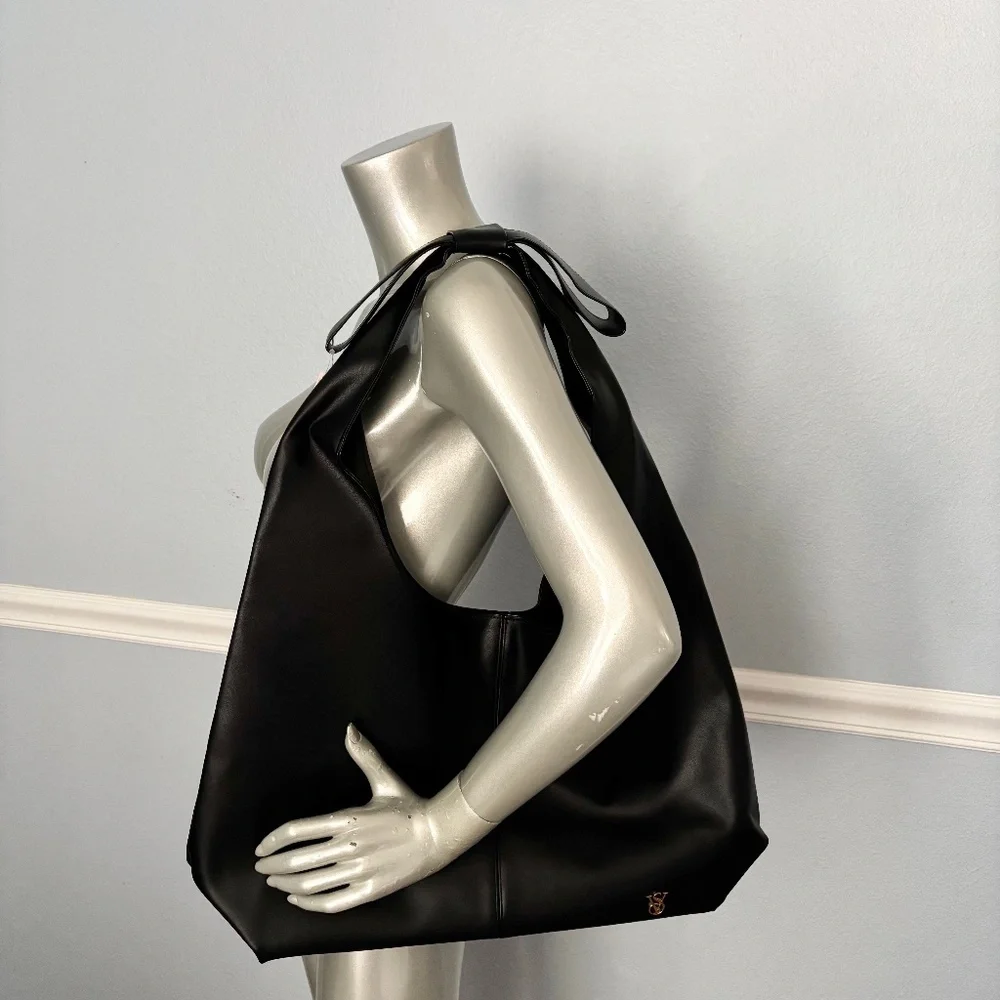 Victoria's Secret Black Bow Tote Bag Purse Faux Leather Nwt
